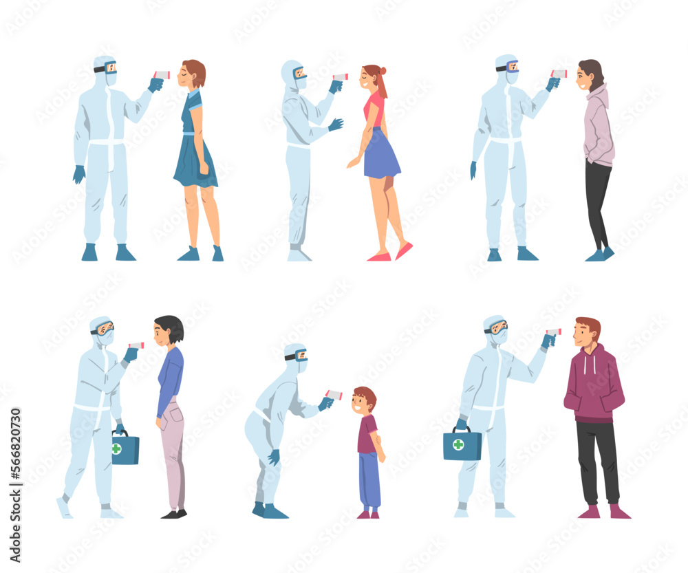 Doctors in Protective Suit Measuring Temperature of People with Body Temperature Scanner Vector Set