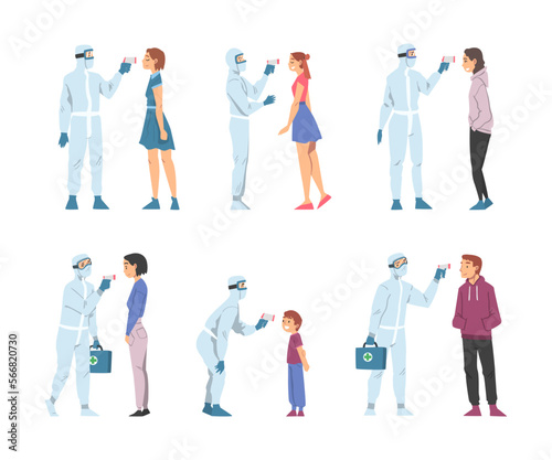 Doctors in Protective Suit Measuring Temperature of People with Body Temperature Scanner Vector Set