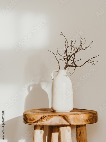 Modern minimalist style interior with ceramic vase with branch on wood table