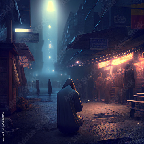a lonely figure of a man on a crowded street among the night lights. AI generated