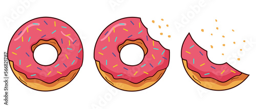Strawberry donut. Eat pink doughnut. Sequence steps of process. Vector flat 