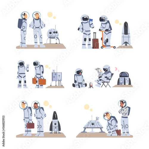 Space Tourists with Suitcases Traveling in Space Vector Set