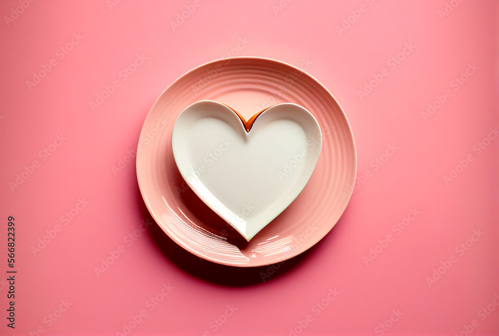 A heart-shaped plate on a pink background. The concept of love and happiness on Valentine's Day, Generative AI A heart-shaped plate on a pink background. The concept of love and happiness on Valentine's Day, Generative AI
