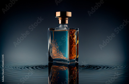 Perfume bottle on dark water background, closeup, Generative AI