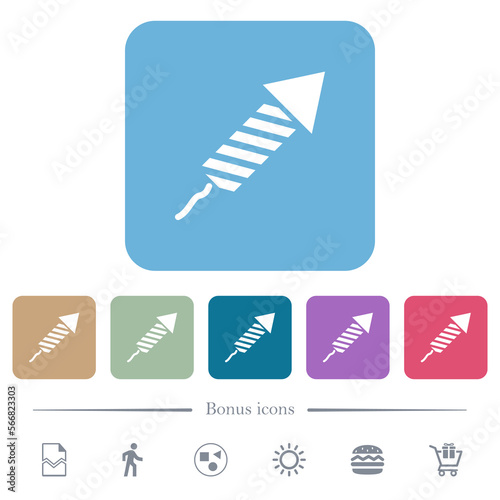 Firework rocket flat icons on color rounded square backgrounds