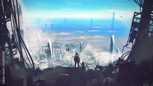man stands atop a sky-high futuristic structure and looking down on the city below, digital art style, illustration painting
