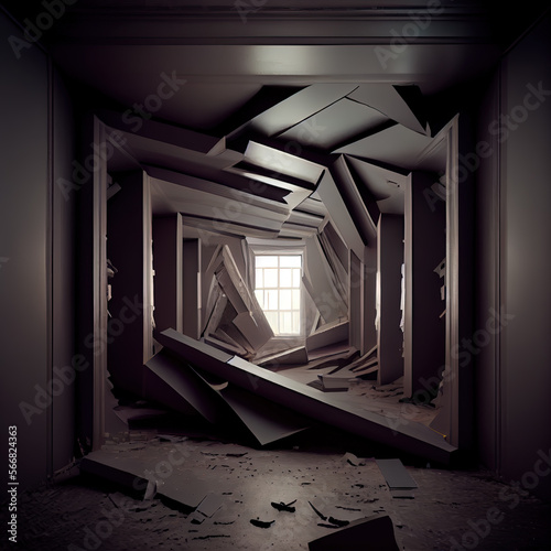 Explosion, rock destruction Dark black empty . demolition architecture interior. interior Background. AI generated