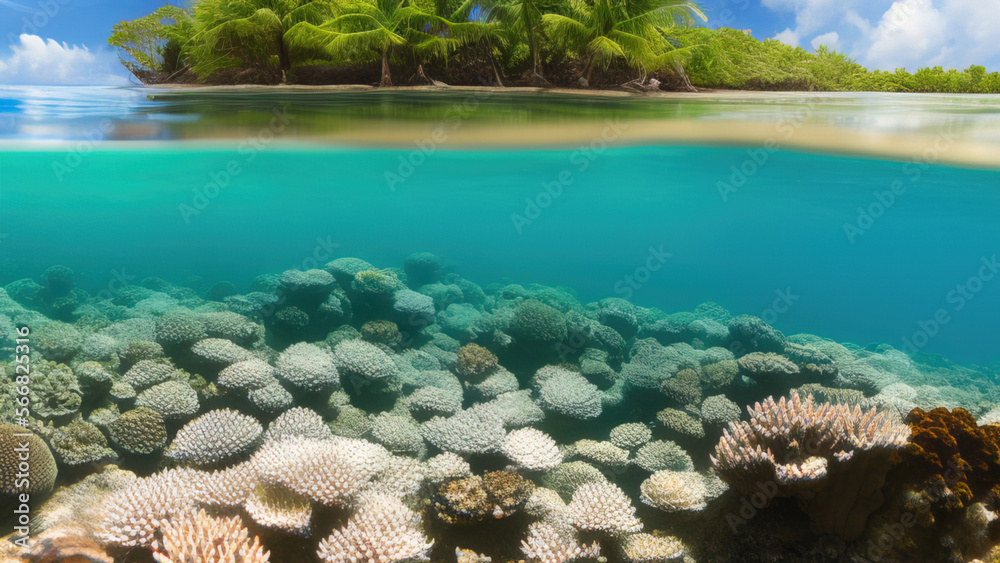 Naklejka premium seascape in the shallow water of the coral reef in caribbean sea, Generative AI