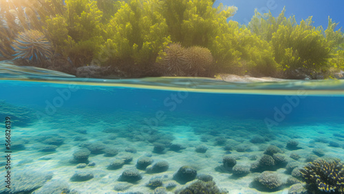 seascape in the shallow water of the coral reef in caribbean sea, Generative AI