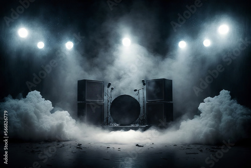 Empty stage with drums, microphones, speakers and amps, surrounded by dry ice and spotlights photo