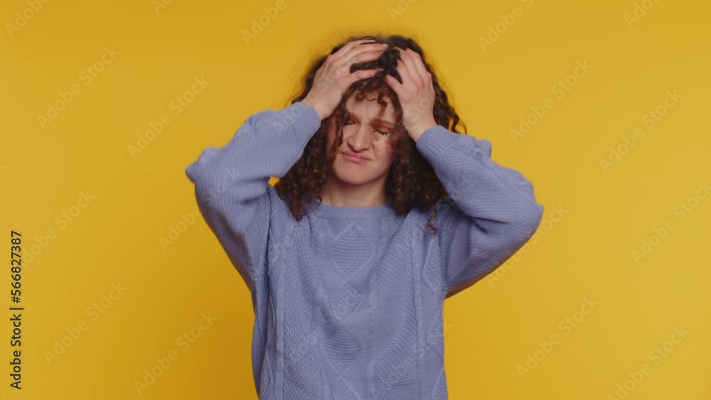 Young pretty woman feeling hopelessness loneliness, nervous breakdown, loses becoming surprised by lottery results, bad fortune, loss, unlucky news. Caucasian girl isolated on studio yellow background Young pretty woman feeling hopelessness loneliness, nervous breakdown, loses becoming surprised by lottery results, bad fortune, loss, unlucky news. Caucasian girl isolated on studio yellow background