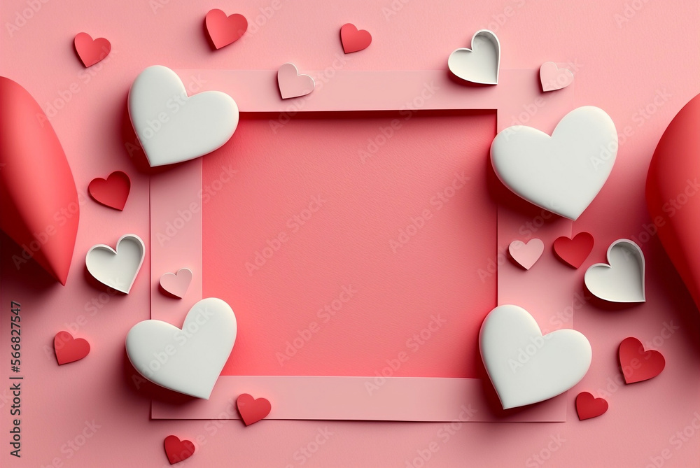 Happy Saint Valentine's day greeting card with paper red 
 and pink hearts on pink background .Generative AI