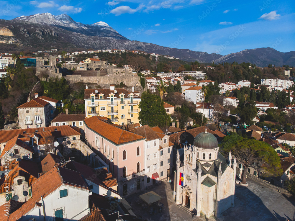 Herceg Novi town and Kotor bay, aerial drone view of Herzeg Novi panorama, Montenegro, with old town scenery, fortress mountains, Mount Orjen Adriatic sea coast in a sunny day