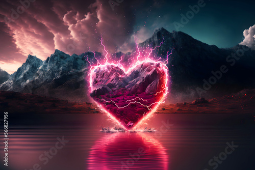 heart in the mountains. Burning red heart. Genenative AI photo