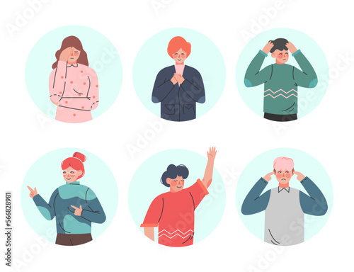 Young Man and Woman Making Positive and Negative Hand Gestures in Circular Frames Vector Illustration Set
