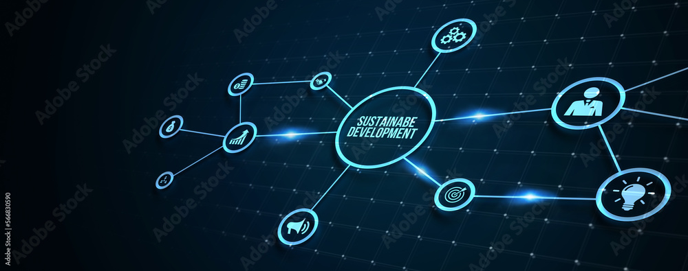 Internet, business, Technology and network concept. SUSTAINABLE DEVELOPMENT inscription, cloud technology concept. 3d illustration.