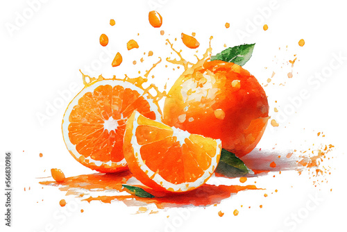Ripe juicy orange slices, watercolor drawing on a white background. Generative AI.