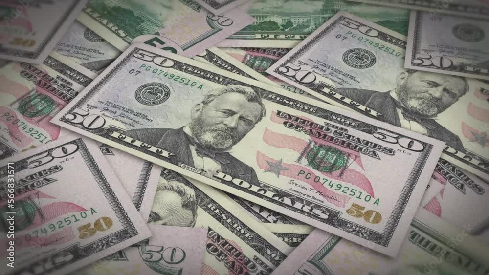 Pile of american dollars cash money, inflation concept. Closeup new american fifty dollar bills 4k resolution Pile of american dollars cash money, inflation concept. Closeup new american fifty dollar bills 4k resolution