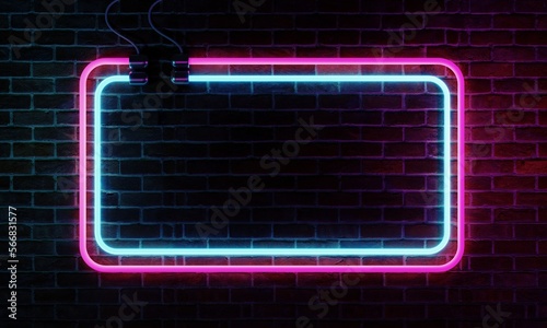 Neon sign banner with copy space on brick wall background. Abstract art and object concept. 3D illustration rendering