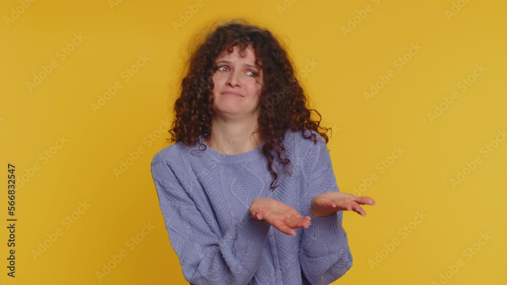 Woman raising hands asking what why reason of failure, demonstrating ...