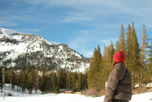 A women travel and hike during winter. beauty scenic view of alpine mountain at Mammoth California.