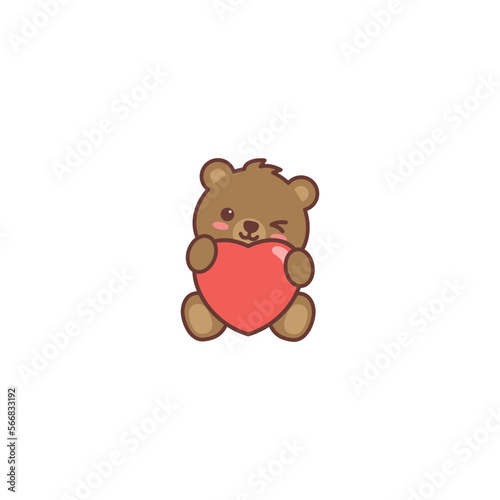 Cute teddy bear winking eye with red heart cartoon, vector illustration
