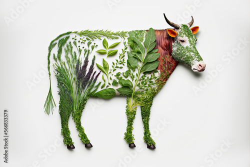 Plant-based meat created cow made of plants on white background made with Generative AI technology photo