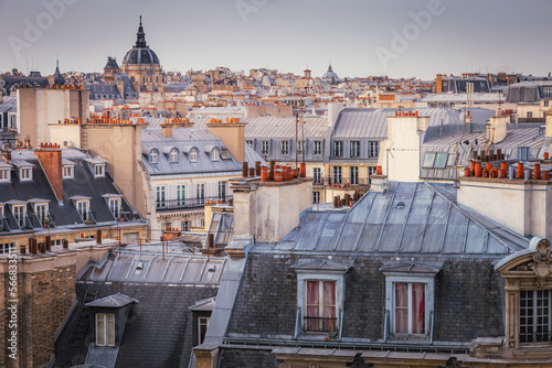 Saint-Germain-des-Pres and french roofs from above at sunrise, Paris, France