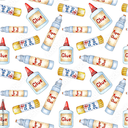 Watercolor pattern drawing of glue packages. Goods for creativity "Back to school". Capacity with glue for office and school. Suitable for posters, posters, cards, holiday decor. Isolated on white.
