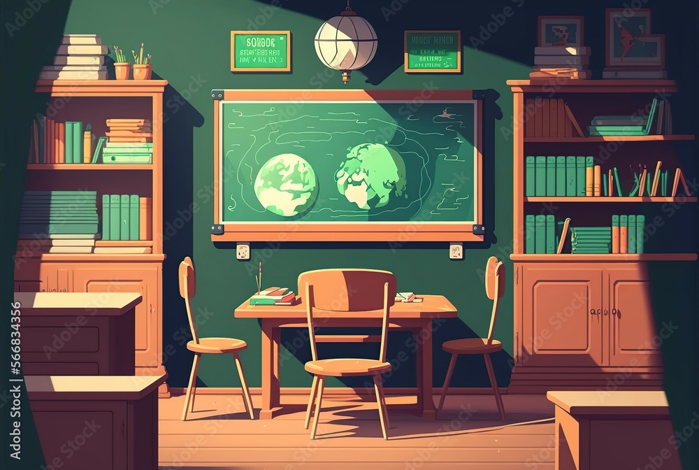 Fototapeta premium cartoon illustration school classroom with green blackboard and wooden table AI generative