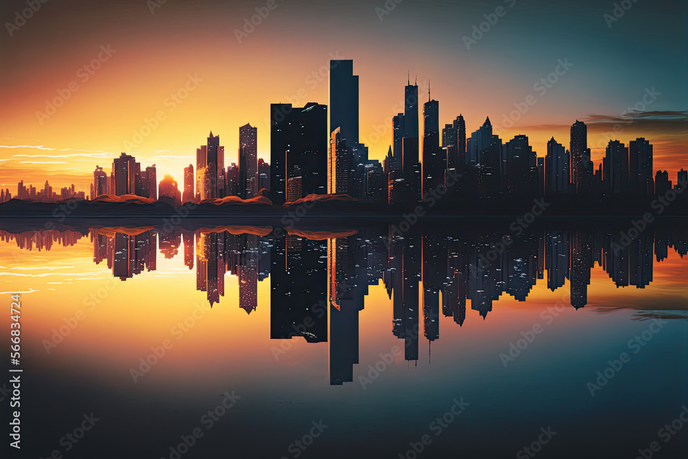 A panoramic view of a city skyline at sunset with reflections on the water, sunset, city, skyline, water, sky, cityscape, building, architecture, sunrise, skyscraper, silhouette, urban, sun, travel, 