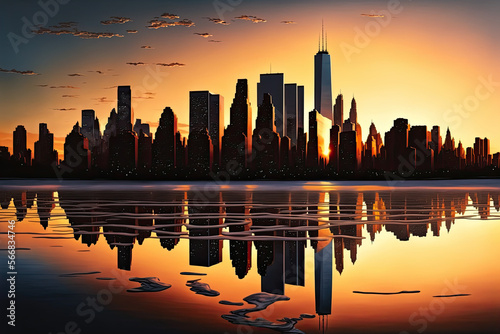 A panoramic view of a city skyline at sunset with reflections on the water  sunset  city  skyline  water  sky  cityscape  building  architecture  sunrise  skyscraper  silhouette  urban  sun  travel  