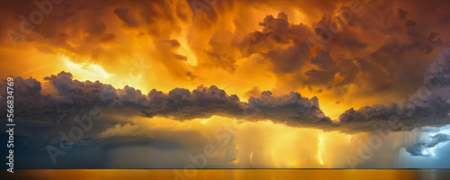 Dramatic sunsetsky above calm lake or seascape. calm before the storm, Fiery orange storm clouds. Generative AI