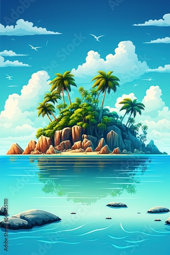 cartoon illustration, landscape of tropical island in the ocean generative , AI