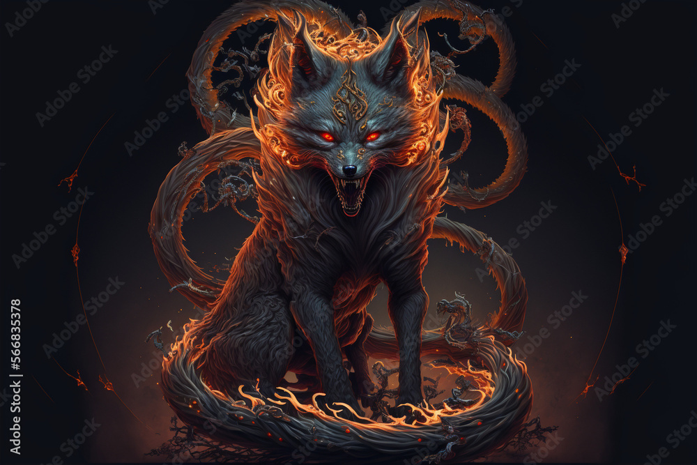 Nine-tailed demon fox, Generative AI. Иллюстрация Stock | Adobe Stock