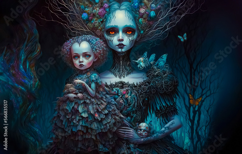 Сreepy witch is holding a horror doll. Halloween concept. fantasy Background. Mystical nightmare concept. generative AI photo