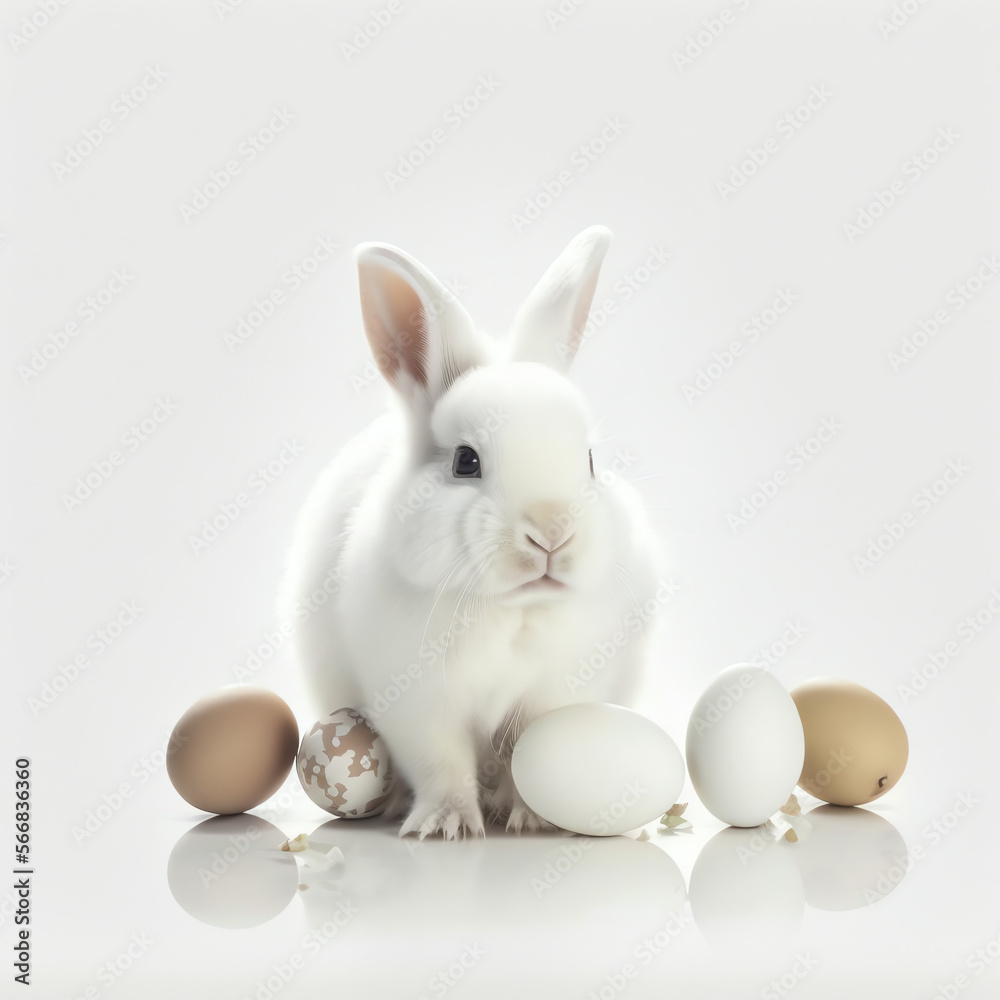 white easter cute rabbit sitting with white easter eggs, ai white easter cute rabbit sitting with white easter eggs, ai