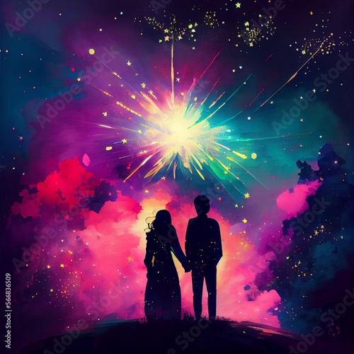 lovers are looking at colorful fireworks