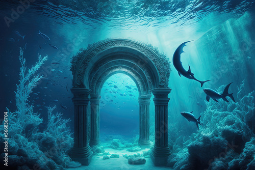 Fantasy underwater seascape with lost city. Generative AI