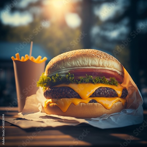 Tasty hamburger, juice and fries on natural park at morning 