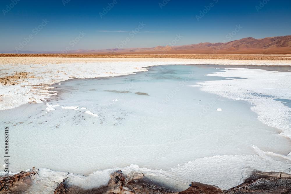 Salt lake, volcanic landscape at sunrise, Atacama, Chile border with Bolivia