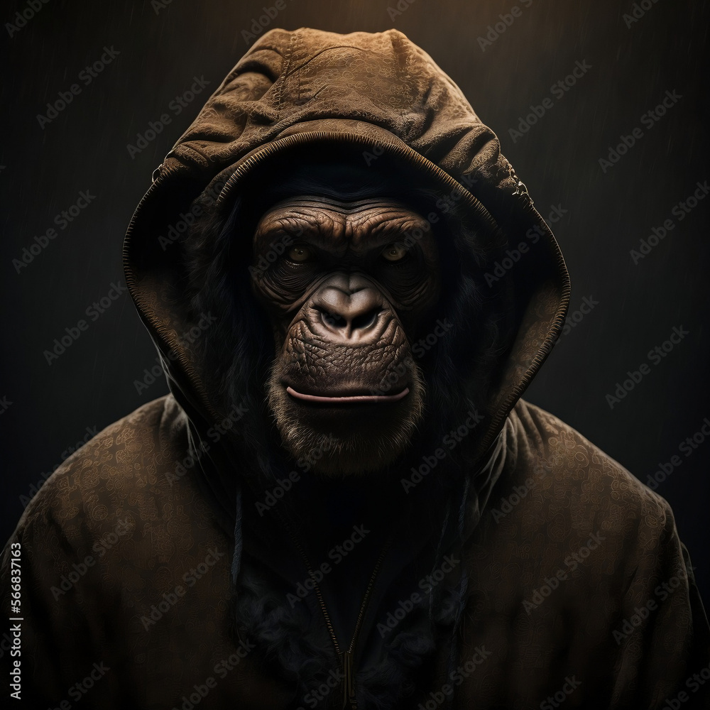 portrait of a chimp wearing designer 