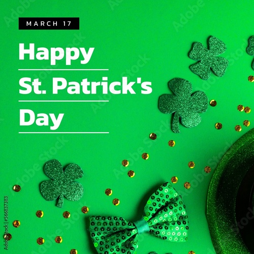 Image of st patrick's day text and shamrock on green background
