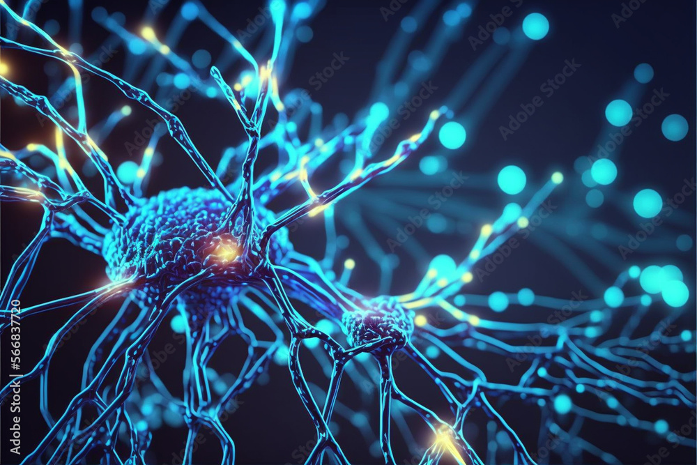 3d illustration of the activity of neurons and synapses. Neural