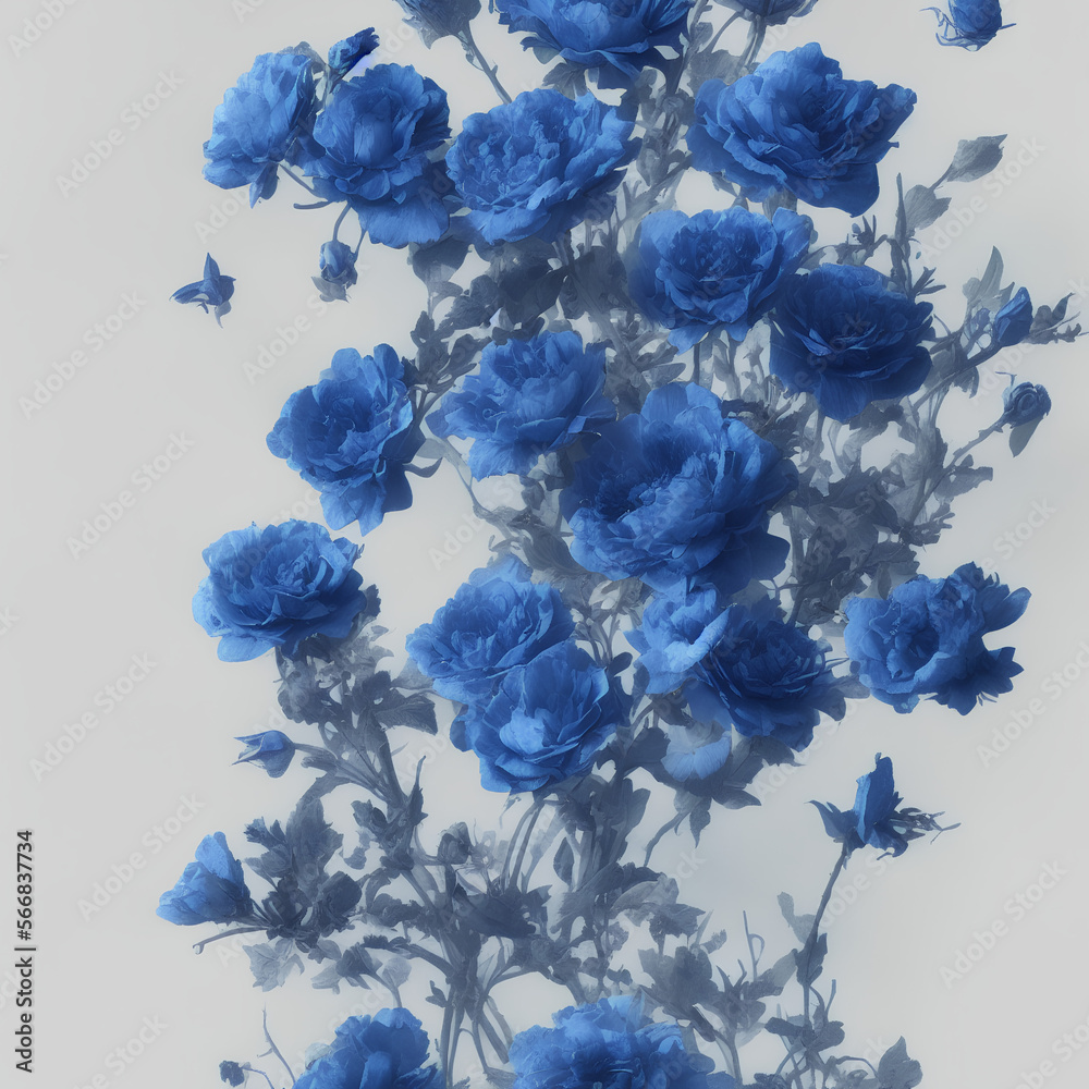 Branches of blue flowers with a white background and some falling ...