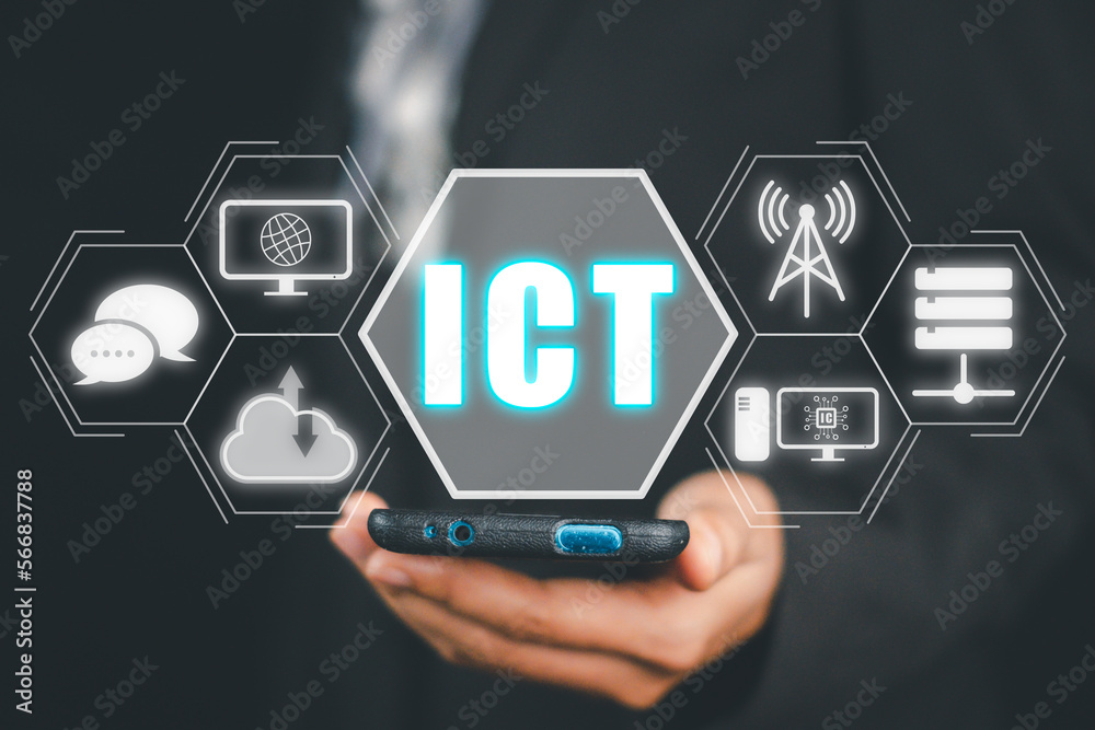 Information and Communications Technology (ICT) concept, Person using smart phone with ICT icon on virtual screen, Global technology, internet, wifi. Information and Communications Technology (ICT) concept, Person using smart phone with ICT icon on virtual screen, Global technology, internet, wifi.