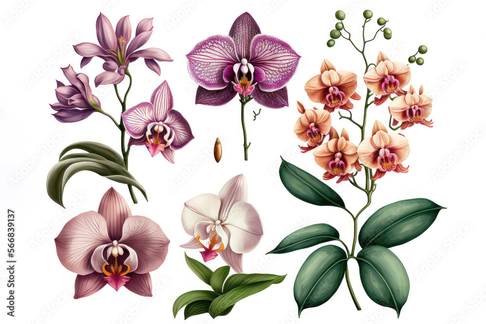 Exotic Beauty: An Illustration Set of Orchids. Generative AI Exotic Beauty: An Illustration Set of Orchids. Generative AI