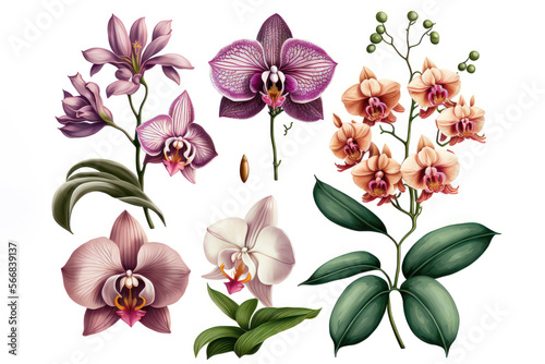 Exotic Beauty: An Illustration Set of Orchids. Generative AI