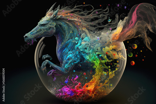 a beautiful and mystical horse made of mist on a black background, wallpaper, background