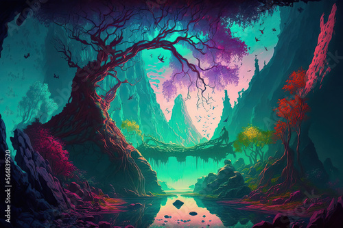 A Mystical Lake Glowing in Vivid Colors Amidst a Psychedelic Background  wallpaper